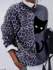 Leopard Cat Patchwork Printed Oneck Long Sleeve Tshirt
