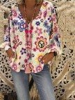 V Neck Flower Printed Loose Blouse