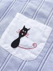 Side Buttons Stripe Cat Embroidered Patchwork Vintage Long Sleeve Blouse