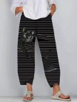 Black Cat Print Striped Patchwork Elastic Waist Plus Size Pants