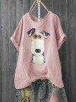 Cartoon Dog Print Short Sleeve Casual Tshirt For Women