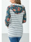Washed Blue Floral Baseball  Hoodie Sweatshirt