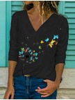 Women's Floral Butterfly Print Long Sleeve V Neck Basic Tops