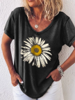 Women Cotton V Neck Printed Casual Short Sleeve Floral TShirts