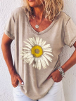 Women Cotton V Neck Printed Casual Short Sleeve Floral TShirts