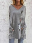 Cartoon Cat Print Pockets Long Sleeve Loose Blouse For Women