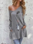 Cartoon Cat Print Pockets Long Sleeve Loose Blouse For Women