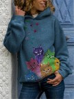 Multicolor Cat Print Long Sleeve Casual Hoodie For Women
