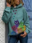 Multicolor Cat Print Long Sleeve Casual Hoodie For Women