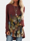 Cartoon Cat Print Oneck Long Tshirt For Women