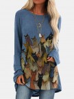 Cartoon Cat Print Oneck Long Tshirt For Women