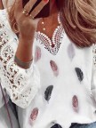 Feather Printed V Neck Shift Casual Long Sleeve Shirts & Tops