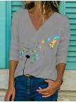 Women's Floral Butterfly Print Long Sleeve V Neck Basic Tops