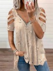 Heart Print Vneck Zipper Short Sleeves Tshirt
