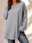Round Neck Solid Causal Tunic Tops