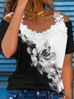 V Neck Lace Casual Floral Print Colorblock Contrast Cold Shoulder
