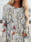 Round Neck Floral Birds Daily Tunic Tops