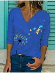 Women's Floral Butterfly Print Long Sleeve V Neck Basic Tops